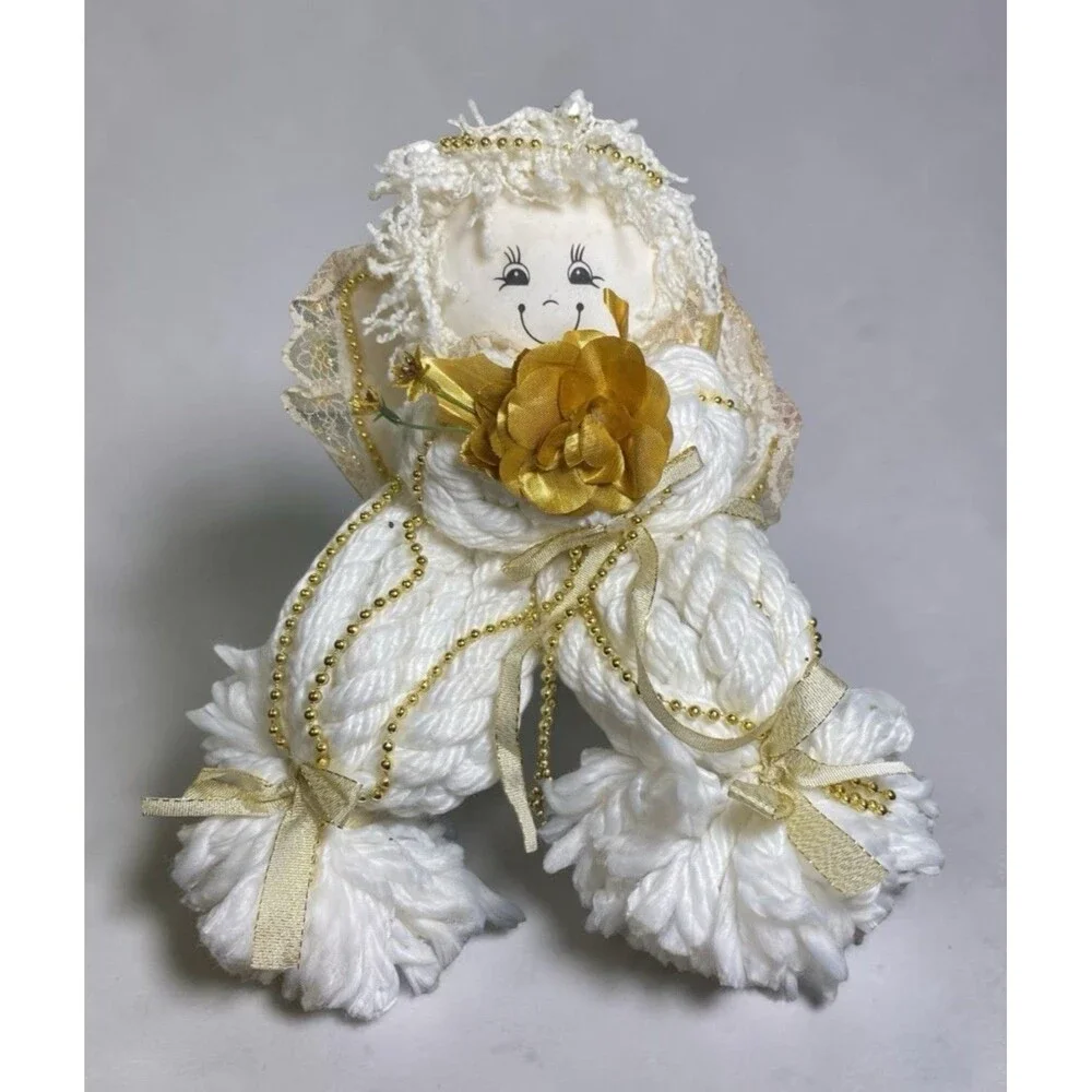 Vintage Yarn Christmas Angel Doll White Gold Shelf Sitter Handmade Holiday Decor